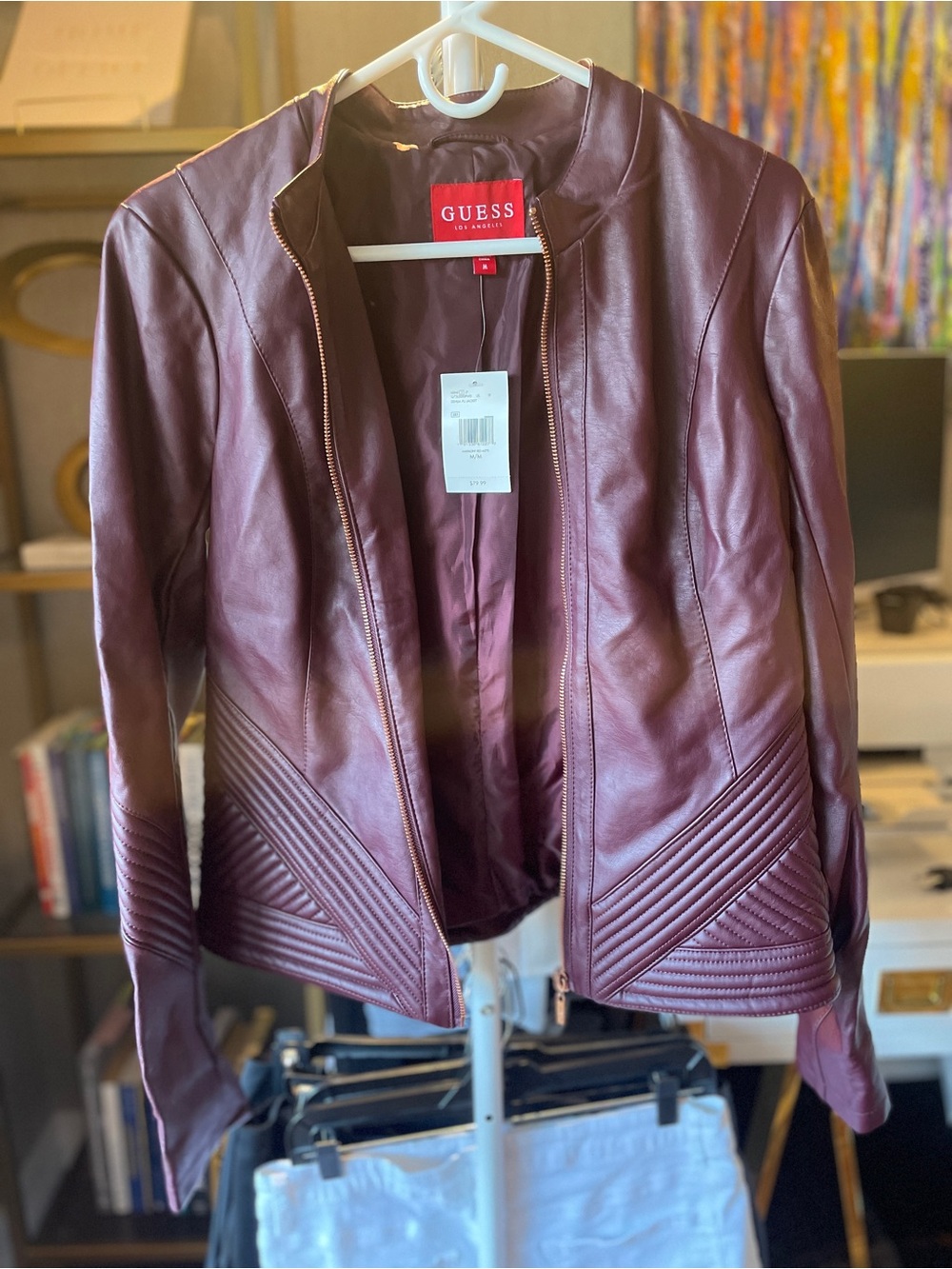 GUESS Women's Burgundy Faux Leather Moto Jacket with Quilted Panels